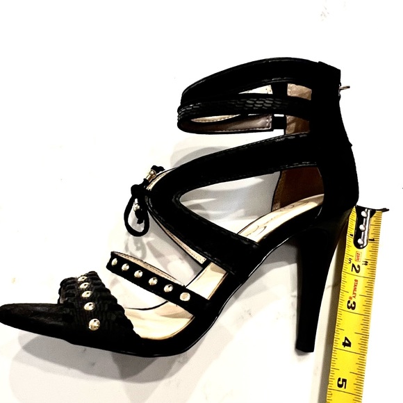 Strappy black dress sandal w/ gold studs and fringe ties by Jessica Simpson. - Picture 5 of 7